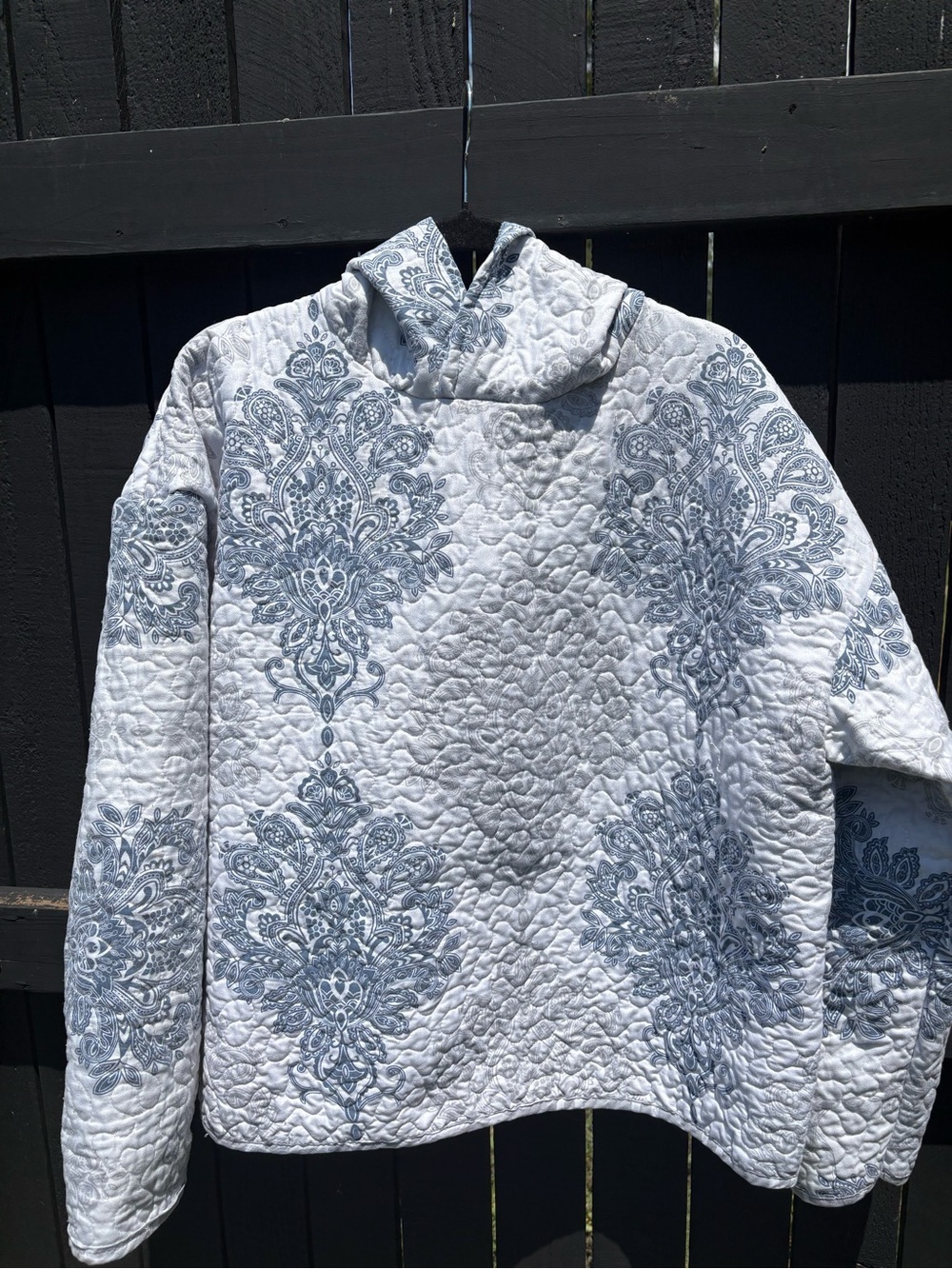 Upcycled Quilted Paisley-Print Funnel Neck Sweater - White & Gray and Blue